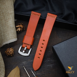 Orange Leather Watch strap, Choice of Width, Choice color Buckle with quick-release spring bars, Italian Vegetable tanned Cowhide Leather