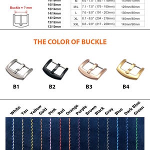 May include: A guide to choosing the right watch strap size based on wrist circumference. The chart shows strap lengths in millimetres for different wrist sizes. The image also shows different buckle colours and stitching options for watch straps.