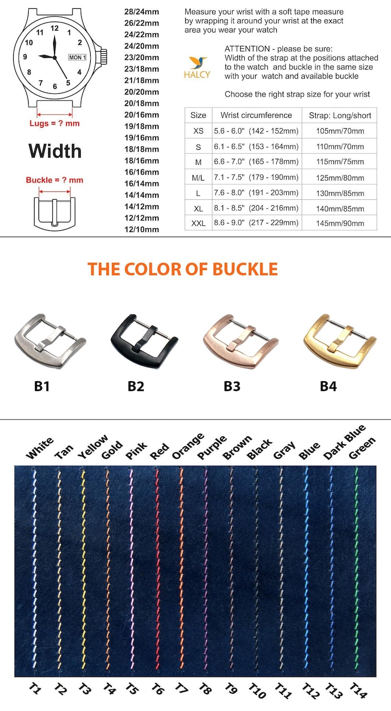 May include: A guide to choosing the right watch strap size based on wrist circumference. The chart shows strap lengths in millimetres for different wrist sizes. The image also shows different buckle colours and stitching options for watch straps.