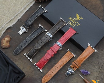 Custom Ostrich Leg Olive Leather Watch Band fit for Apple Series Ultra, SE, 9, 8, 7, 6, 5, 4, Choice of adapters Steel Butterfly Clasp color