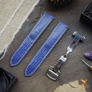 Blue Java Lizard Skin Watch strap, Used With Deployment Clasp, With quick-release spring bars, Choice of Width, Choice color Buckle