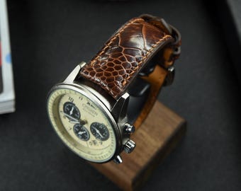 Brown Ostrich Leg Leather Watch Strap: Handmade Zermatt Lining