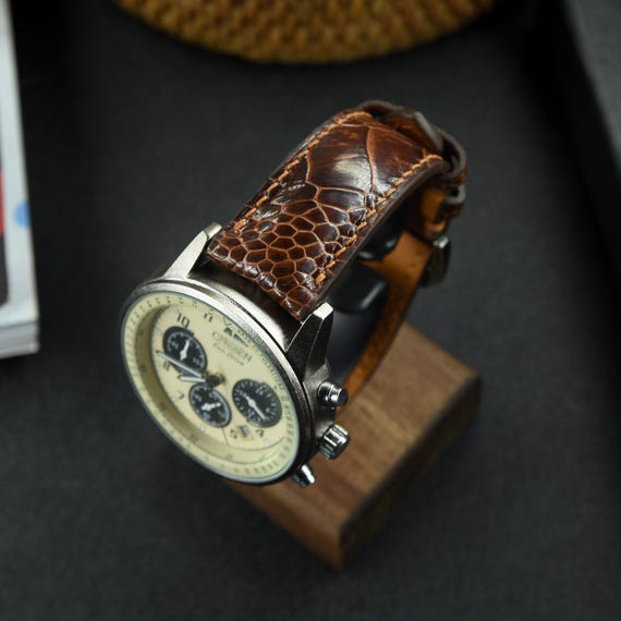 Brown Ostrich Leg Leather Watch Strap: Handmade Zermatt Lining