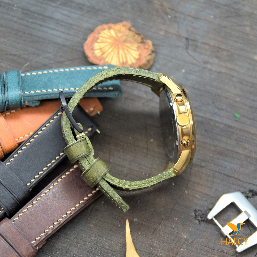 Custom Handmade Olive Leather Watch Strap, Thick Fullgrain Doublefold