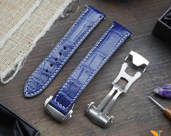 Cinturino per orologio in pelle di alligatore blu, larghezza a scelta, con chiusura pieghevole, pelle Zermatt per la fodera