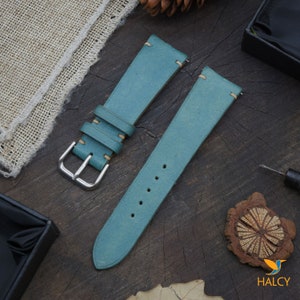 Blue Pueblo leather Watch strap with quick-release spring bars. Choice of Width - 16mm, 18mm, 20mm, 22mm, 24mm, Etc, Choice of Buckle