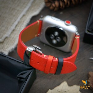 Red Swift Calf leather Leather Watch Band Fit for Apple watch Series Ultra, 9, 8, 7, 6, 5, 4 Choice of adapters, Steel Butterfly Clasp Color