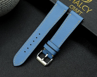 Blue Epsom Calf leather Watch strap with quick-release spring bars, Choice of Width, Choice color Buckle, Zermatt leather for the lining