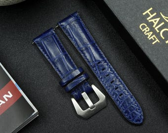 Custom Handmade Blue Alligator Leather Watch Strap,Thickness 6.5 mm down to 4 mm, Choice of Width, Choice color Buckle