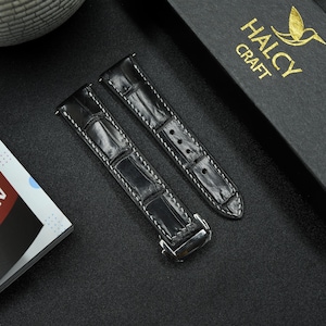 Black Alligator Leather Watch Strap, Choice of Width, With Foldover Clasp, Zermatt leather for the lining