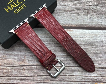 Red Lizard Skin Apple Watch Band Series Ultra, 9, 8, 7, 6, 5, 4, 3 : Choice of adapters and Steel Butterfly Clasp color
