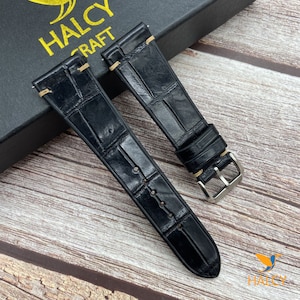 Black Alligator Leather Watch strap, Choice of Width, Choice color Buckle, Zermatt leather for the lining