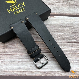 Black Pueblo leather Watch strap with quick-release spring bars. Choice of Width - 16mm, 18mm, 20mm, 22mm, 24mm, Etc, Choice of Buckle