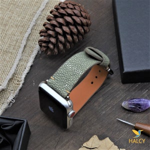 Olive Stingray Leather Watch Band for Apple watch Series Ultra, 9, 8, 7, 6, 5, 4, Choice of adapters and buckle color