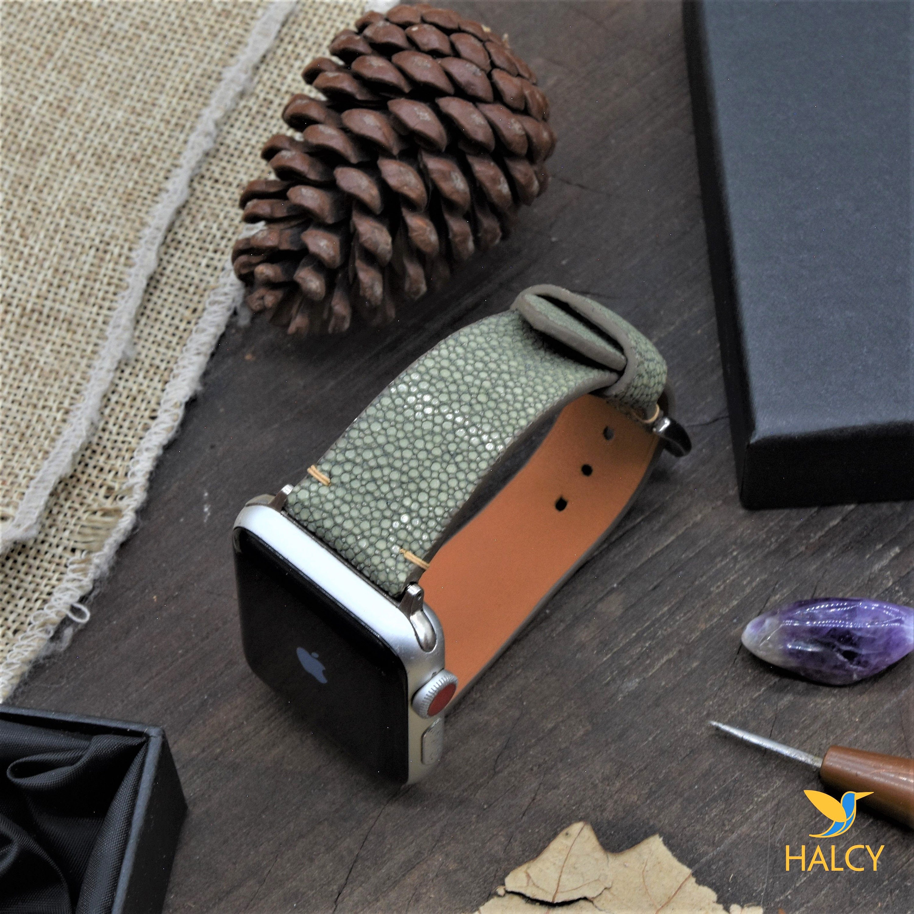 Olive Stingray Leather Watch Band for Apple watch Series Ultra, 9, 8, 7, 6, 5, 4, Choice of adapters and buckle color