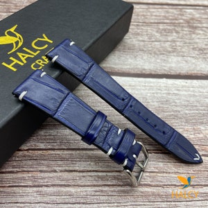 Navy Blue Alligator Leather Watch strap, Choice of Width, Choice color Buckle, Zermatt leather for the lining