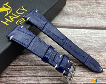 Correa de reloj de piel de cocodrilo azul marino, disponible en varios anchos y con hebilla a elegir, forro de piel Zermatt.