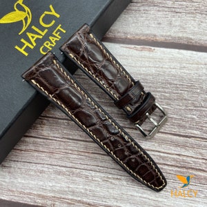Brown Alligator Leather Watch strap, quick release pins, Choice of Width, Choice color Buckle, Zermatt leather for the lining