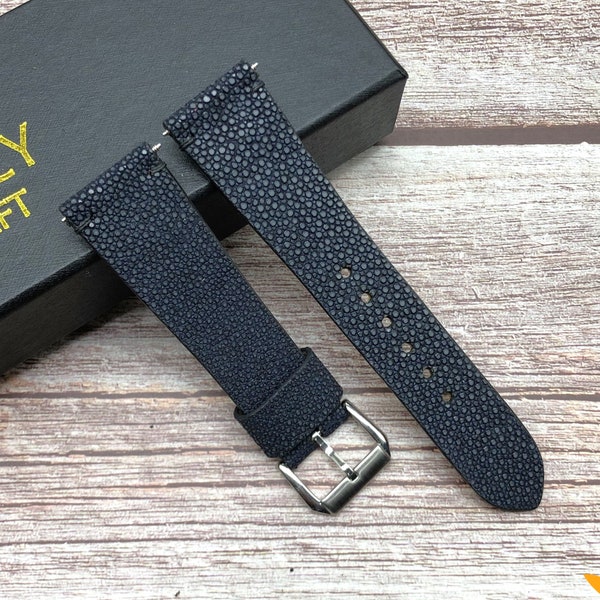 Dark Blue Stingray Skin Watch bands, Watch strap, Choice of Width, Choice color Buckle, Zermatt Leather for the Lining