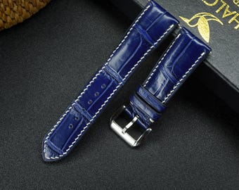 Correa de reloj de piel de caimán azul marino, elección de ancho, hebilla de color a elegir, piel Zermatt para el forro