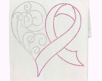Pink Ribbon Heart Rhinestone T-shirt: Breast Cancer Awareness