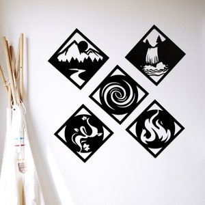May include: Five black and white diamond-shaped wall decor pieces with different nature-inspired designs. The designs include a mountain, a waterfall, a spiral, a yin-yang symbol, and a flame.