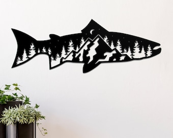 Steelhead Trout Metal Wall Art: Mountain Scene Decor