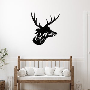 Deer Head Metal Wall Art: Mountain Scene, Wildlife Decor