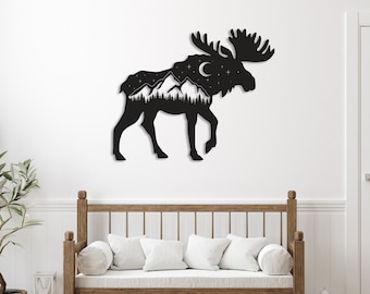 Metal Moose Art Metal Wall Art 24W x 10H // 60x26 cm Metal Wall Decor Nature Wall Art Metal Tree Decor