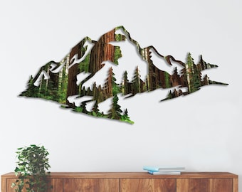 Può includere: Un decoro da parete in metallo a forma di catena montuosa con una scena di foresta all'interno del ritaglio. La catena montuosa è di colore marrone scuro e la scena della foresta è di colore verde e marrone.