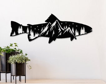 May include: Black metal wall art depicting a fish with a mountain range inside its silhouette. The fish is swimming to the right and the mountains are white against the black background.