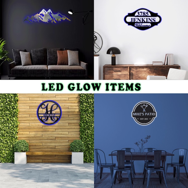 May include: A collection of LED glow items, including a mountain range, a house number sign, a monogram, and a patio sign. The signs are in various shapes and sizes, with a blue glow effect. The text "LED GLOW ITEMS" is displayed.