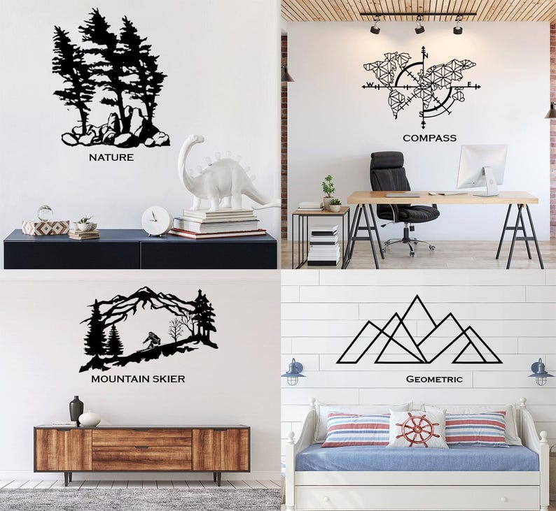 May include: Four wall art pieces with black silhouettes. The top left shows trees and rocks with the word "NATURE". The top right shows a compass and world map with the word "COMPASS". The bottom left shows a mountain skier with the words "MOUNTAIN SKIER". The bottom right shows geometric mountains with the word "GEOMETRIC".