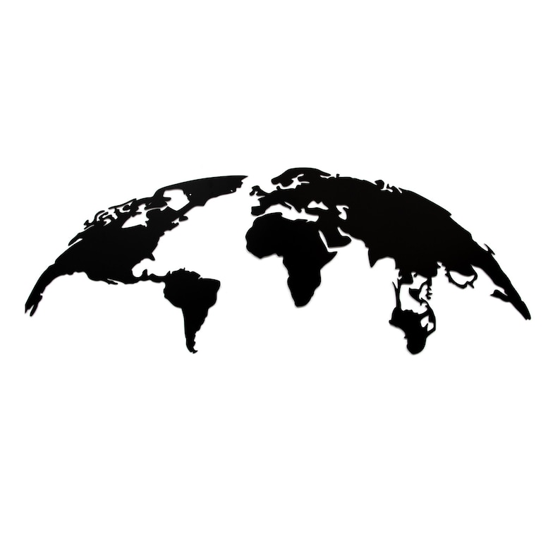 May include: A black, stylized world map silhouette against a white background. The continents are depicted in a minimalist style, with a focus on the outlines of the landmasses. The map is curved, giving a three-dimensional effect.