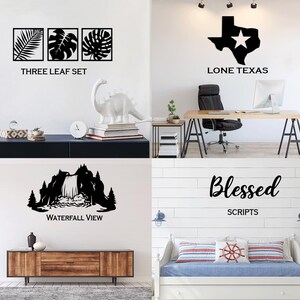 May include: Black wall art set featuring three framed leaf designs, with the text "THREE LEAF SET". Also shown is a white dinosaur statue, a clock, and a wooden cabinet. The image also shows a black Texas state outline with a star and the text "LONE TEXAS".