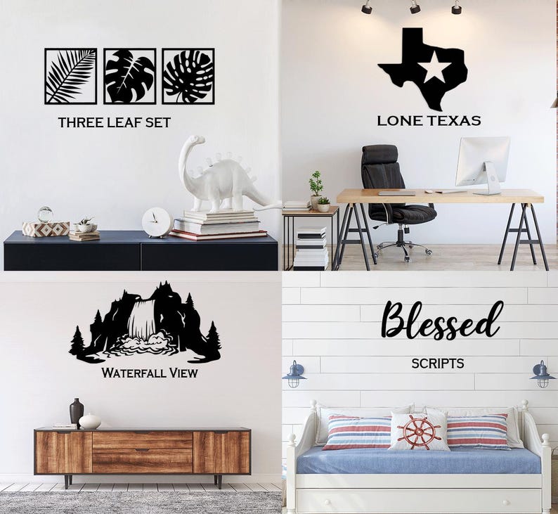 May include: Black wall art set featuring three framed leaf designs, with the text "THREE LEAF SET". Also shown is a white dinosaur statue, a clock, and a wooden cabinet. The image also shows a black Texas state outline with a star and the text "LONE TEXAS".