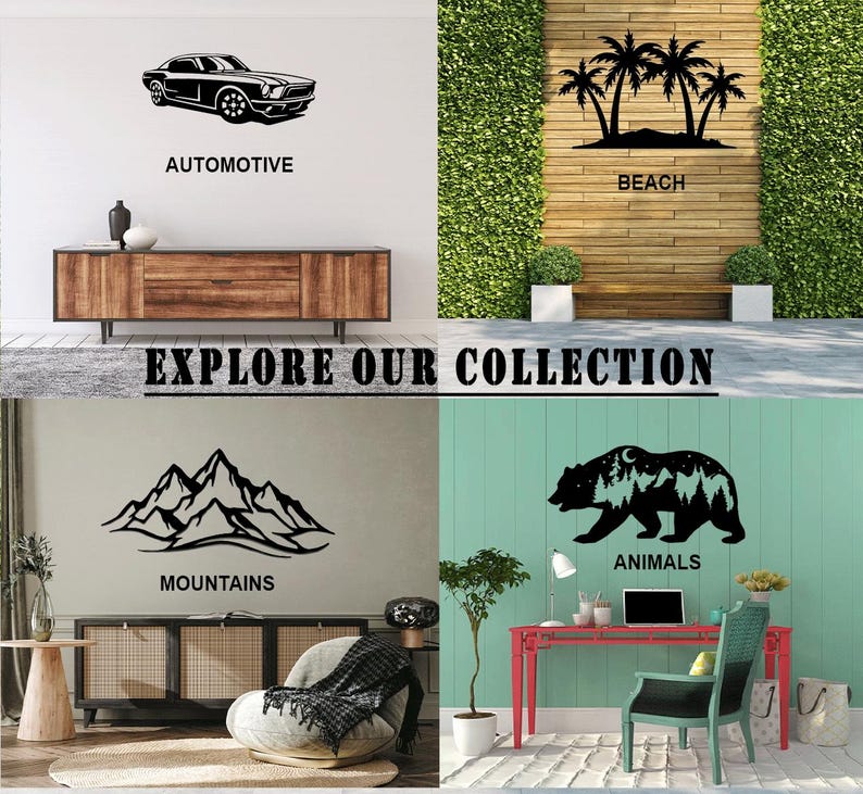May include: A collage of wall art featuring a black car, palm trees, mountains, and a bear. The text "AUTOMOTIVE", "BEACH", "MOUNTAINS", and "ANIMALS" are below each respective image. The phrase "EXPLORE OUR COLLECTION" is in the center.