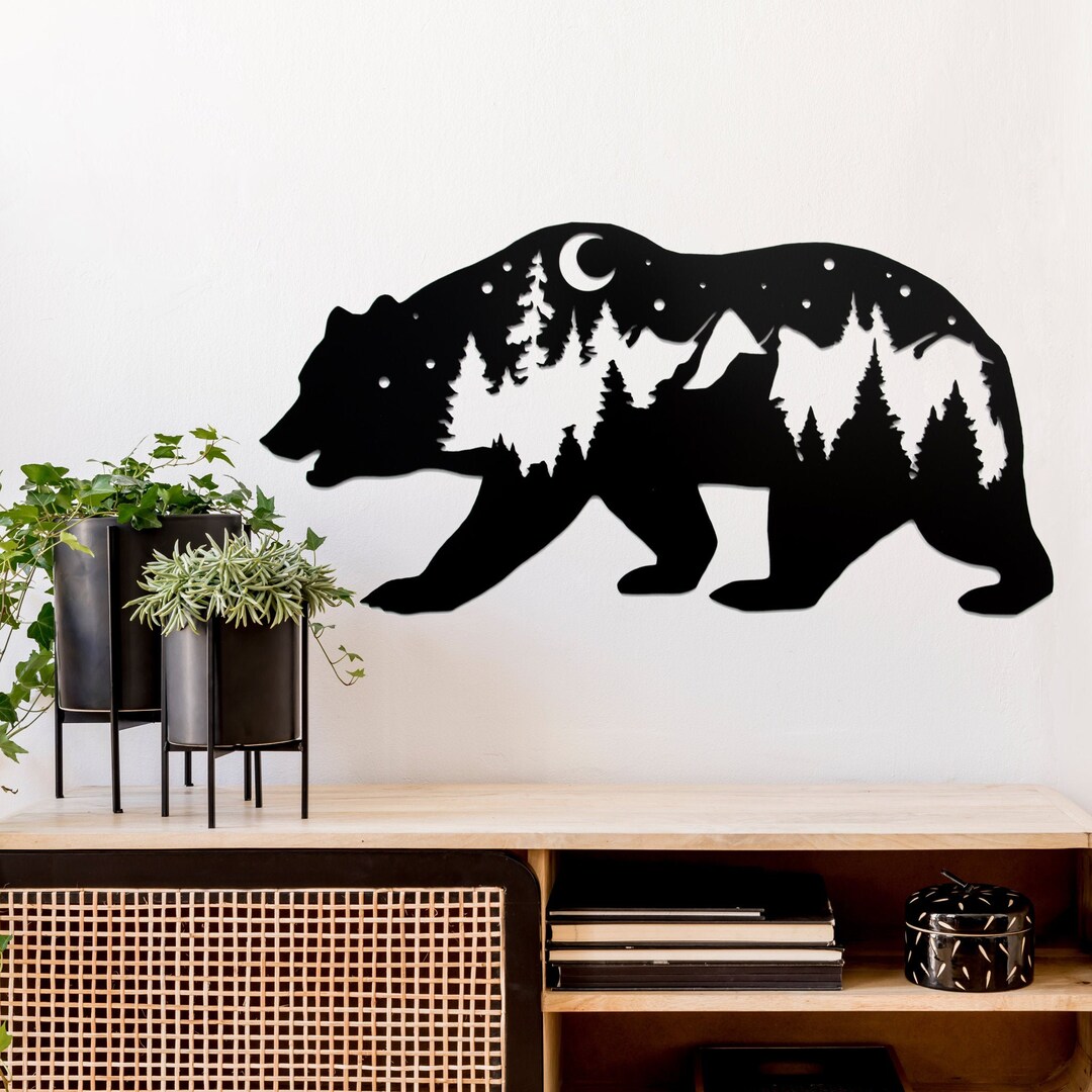Metal Bear Forest Wall Art - Rustic Wildlife Decor For Living Room, Bedroom (Silver, 24x14 In)