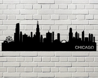May include: Black silhouette of the Chicago skyline with the text "CHICAGO" at the bottom.