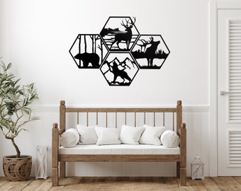 Wildlife Hexagon Metal Wall Art: Bear, Deer, Elk, Wolf Decor