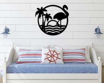 Tropical Flamingo Metal Wall Art: Coastal Scenery Decor