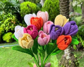 Crochet Tulip Flower Bouquet - Handmade Knitted Bunch of Flower - Anniversary Tulip Bouquet -  Cotton Yarn Crochet Bouquet