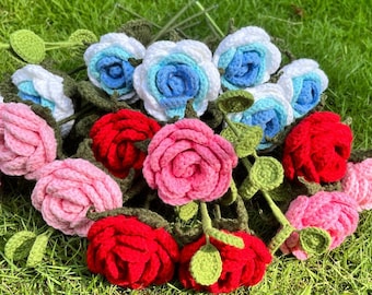 Crochet Rose Flower Bouquet - Handmade Knitted Bunch of Flower - Anniversary Rose Bouquet -  Cotton Yarn Crochet Bouquet