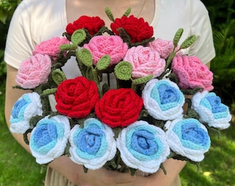 Crochet Rose Flower Bouquet - Handmade Knitted Bunch of Flower - Anniversary Rose Bouquet -  Cotton Yarn Crochet Bouquet