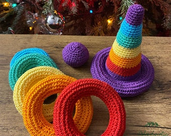 Crochet Baby Toys Montessori Rainbow Stacking Rings - Educational Toy Set For Toddler, Montessori Crochet Baby Toys, Montessori Rainbow Toy