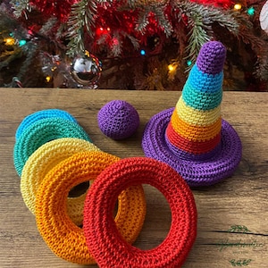 Crochet Baby Toys Montessori Rainbow Stacking Rings - Educational Toy Set For Toddler, Montessori Crochet Baby Toys, Montessori Rainbow Toy