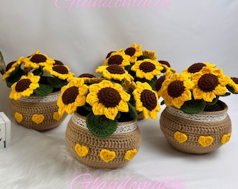 Gehäkelter Sonnenblumentopf - Handgemachter Sonnenblumentopf - Jubiläumsblumenstrauß