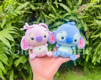 Muñeca de crochet inspirada en LILO Y STITCH, Stitch y ángel amigurumi, Stitch rosa, peluche de Stitch, llavero de Stitch, bonito regalo para pareja.