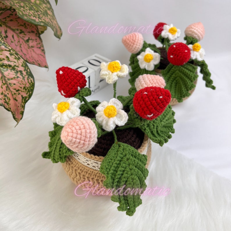 Peut inclure: Deux plantes de fraises crochet&eacute;es dans des pots bruns avec une bordure en dentelle blanche. Chaque plante a des fraises roses et rouges, des feuilles vertes et des fleurs blanches avec des centres jaunes.