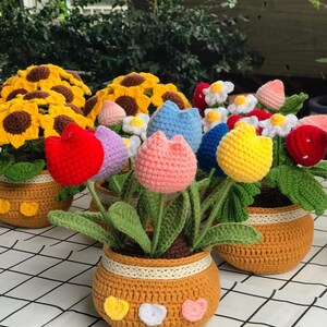 Peut inclure: Un ensemble de pots de fleurs en crochet avec des fleurs color&eacute;es. Les pots sont bruns avec une bordure en dentelle blanche et des c&oelig;urs jaunes, blancs et roses. Les fleurs comprennent des tournesols, des marguerites et des tulipes dans des tons de rouge, rose, bleu, jaune et violet.